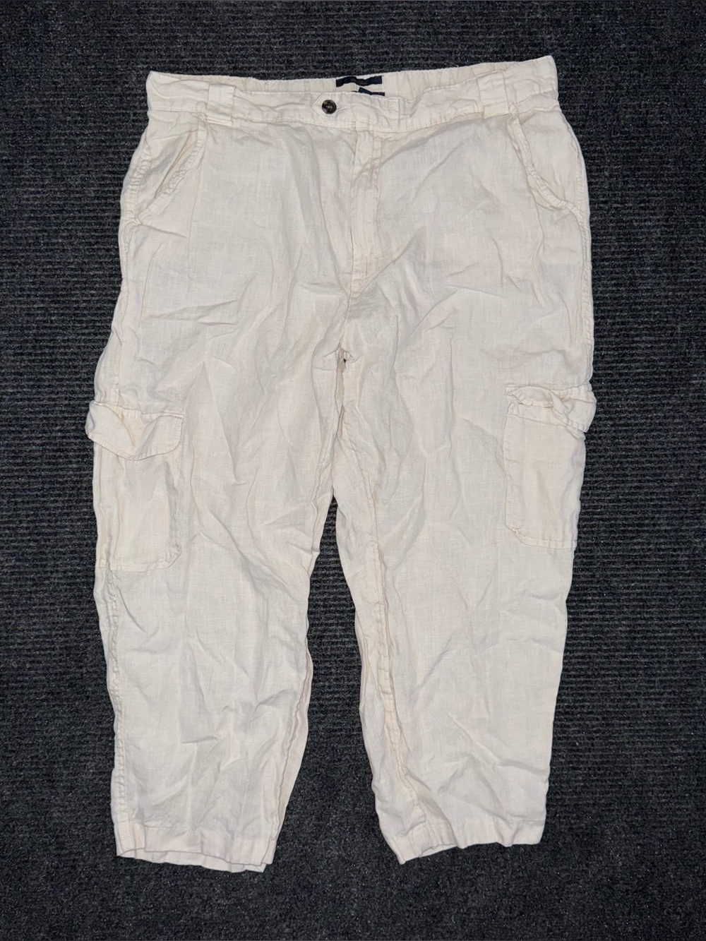 Rachel Roy Women's XL 100% Linen Cargo Pants Ivory Cream Cropped Utility Coastal